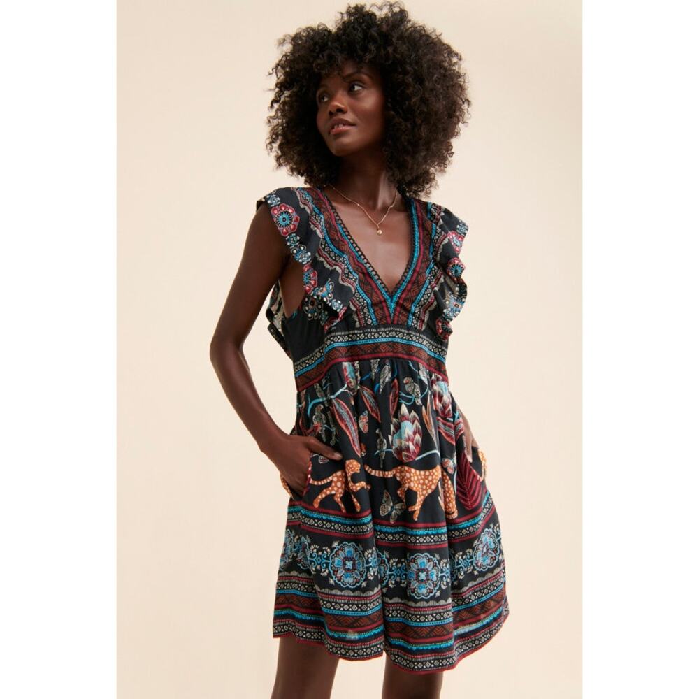 NWT Anthropologie V-Neck Plunge Tunic Mini Dress $148 SMALL Animal Geo Black